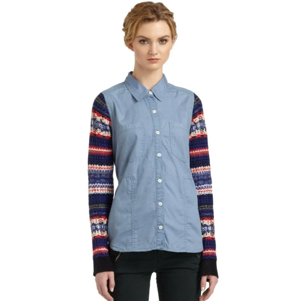 Free People Womens BOHO Top XS Chambray Fair Isle Sweater Sleeve Button Up